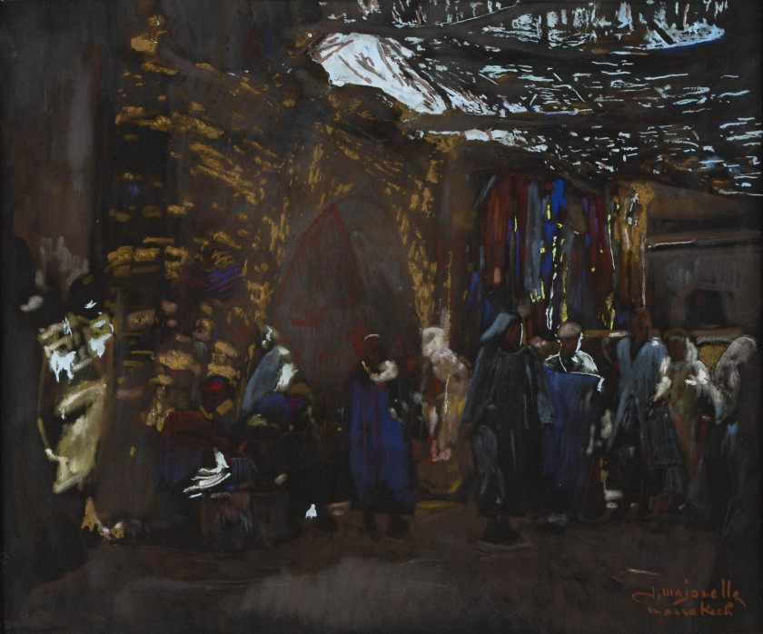 Jacques MAJORELLE 1886-1962 Porte de souk à Marrakech, circa 1950/1955 Gouache rehaussée d'or et d'argent sur papier noir contrecoll.