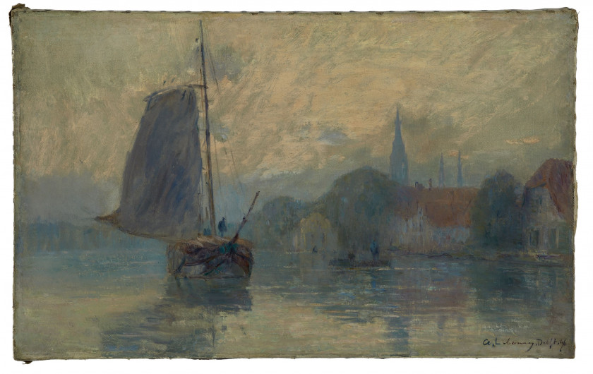 Albert LEBOURG 1848 - 1928 Bords de la Schie à Delft, effet de brouillard- 1896 Huile sur toile