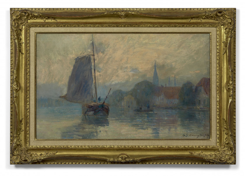 Albert LEBOURG 1848 - 1928 Bords de la Schie à Delft, effet de brouillard- 1896 Huile sur toile