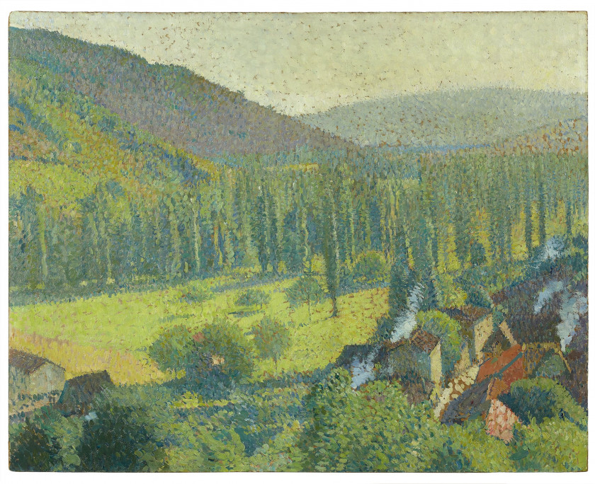 Henri MARTIN 1860 - 1943 Vue de Labastide-du-Vert depuis Marquayrol - 1941 Huile sur panneau d'isorel