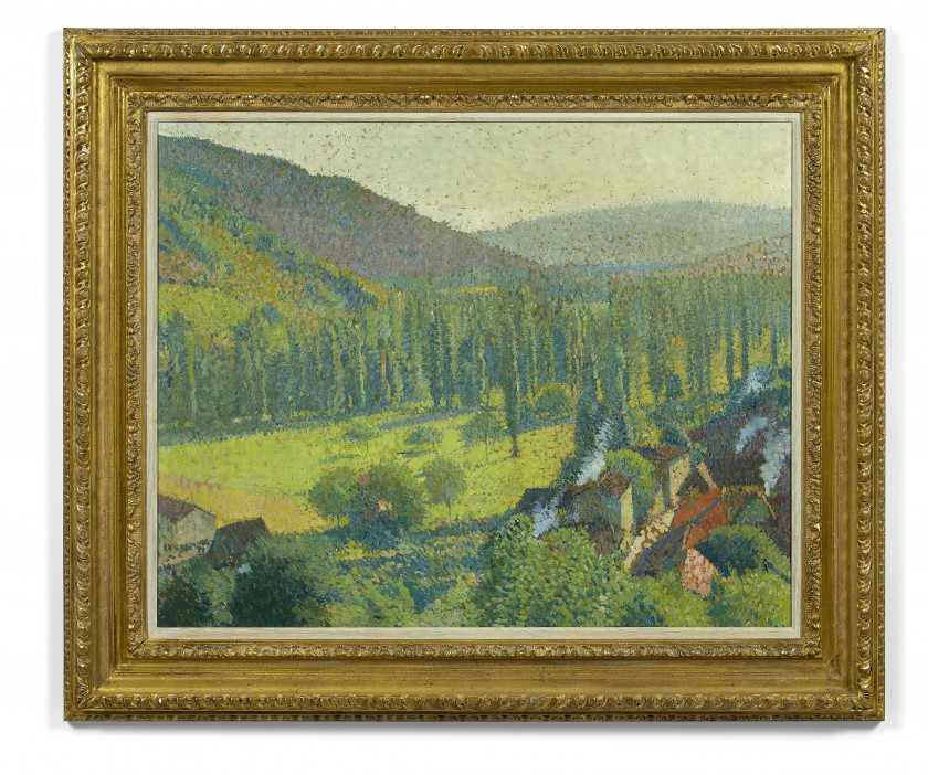 Henri MARTIN 1860 - 1943 Vue de Labastide-du-Vert depuis Marquayrol - 1941 Huile sur panneau d'isorel