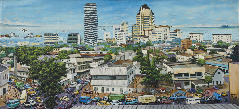 MOKÉ (Monsengwo Kejwamfi dit) 1950-2001 - République Démocratique du Congo Sans titre (vue de Kinshasa), 1996 Huile sur toile