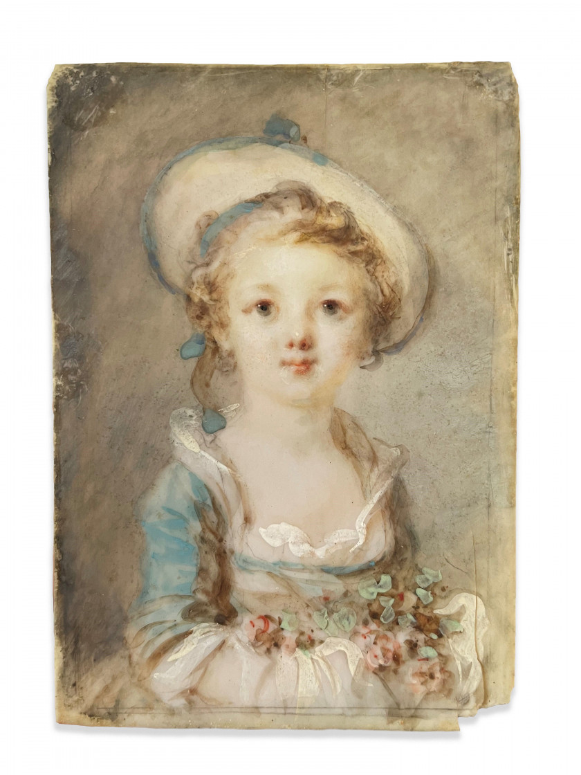 Marie-Anne FRAGONARD Grasse, 1745 - Paris, 1823 Jeune fille au chapeau et au bouquet de fleurs Miniature