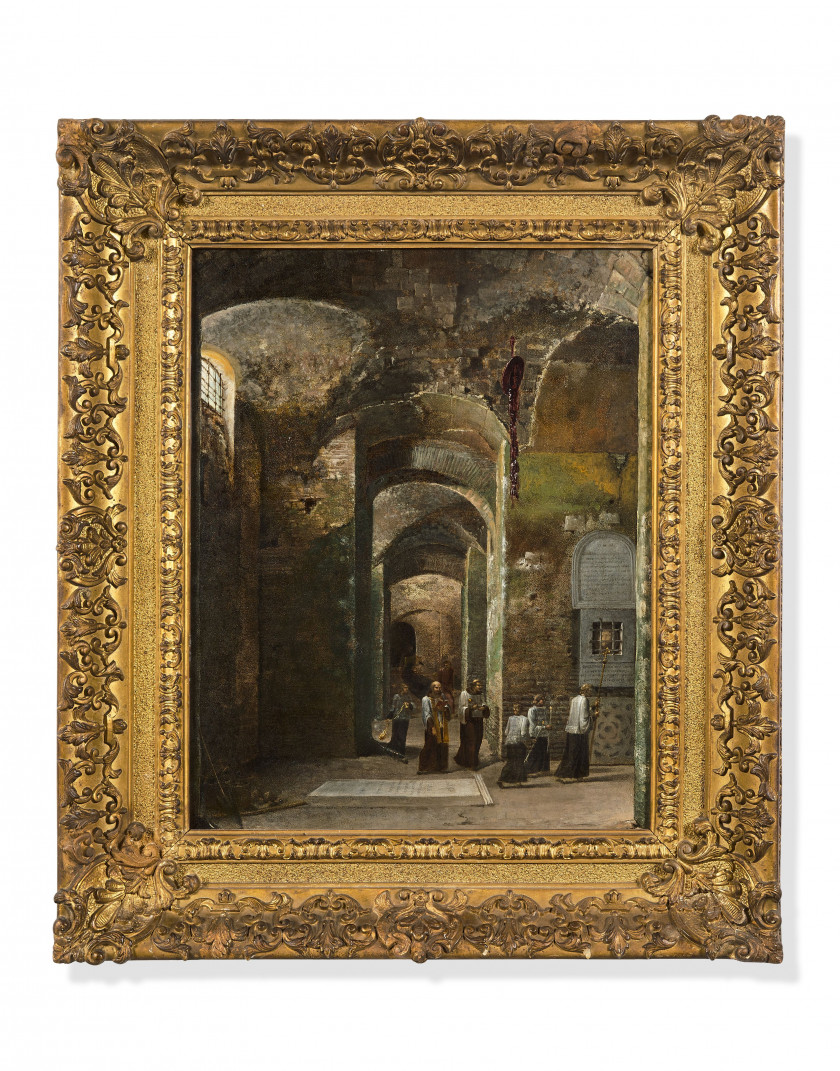 François-Marius GRANET Aix-en-Provence, 1775 - 1849 Procession dans la crypte de San Martino ai Monti à Rome Huile sur toile