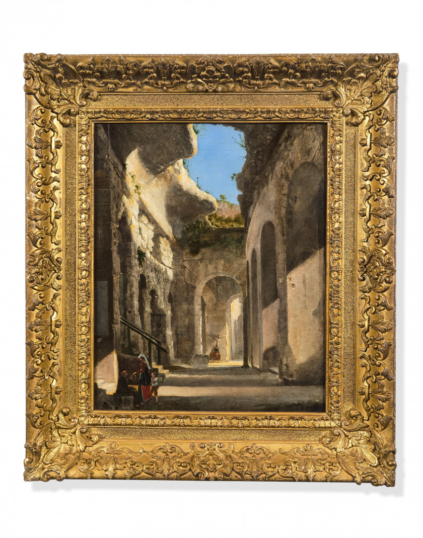François-Marius GRANET Aix-en-Provence, 1775 - 1849 Les ruines du Colisée animées de personnages Huile sur toile (Toile d'origine)