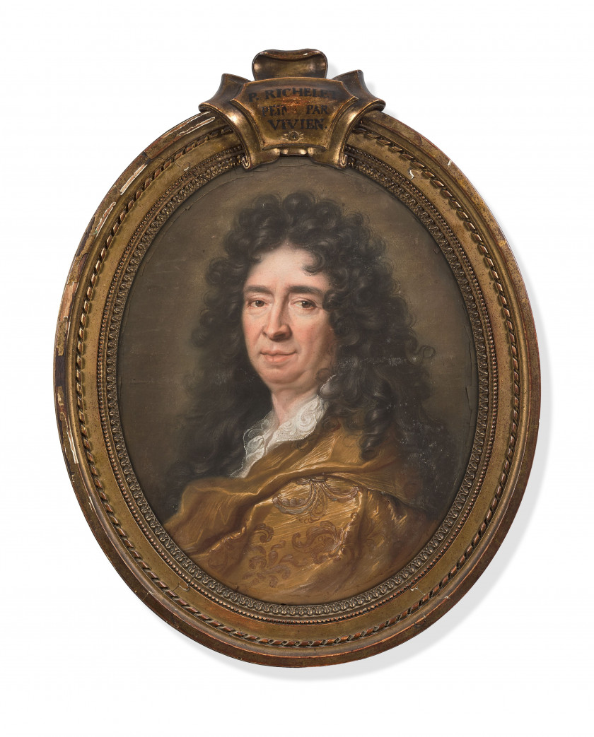 Joseph VIVIEN Lyon, 1657 - Bonn, 1734 Portrait de Pierre Richelet Pastel sur papier tendu sur panneau de chêne, de forme ovale