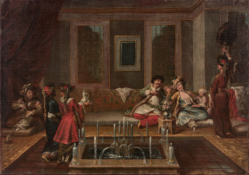 Attribué à Gianantonio GUARDI Vienne, 1699 - Venise, 1760 Scène de harem, d'après Jean-Baptiste Vanmour Huile sur toile