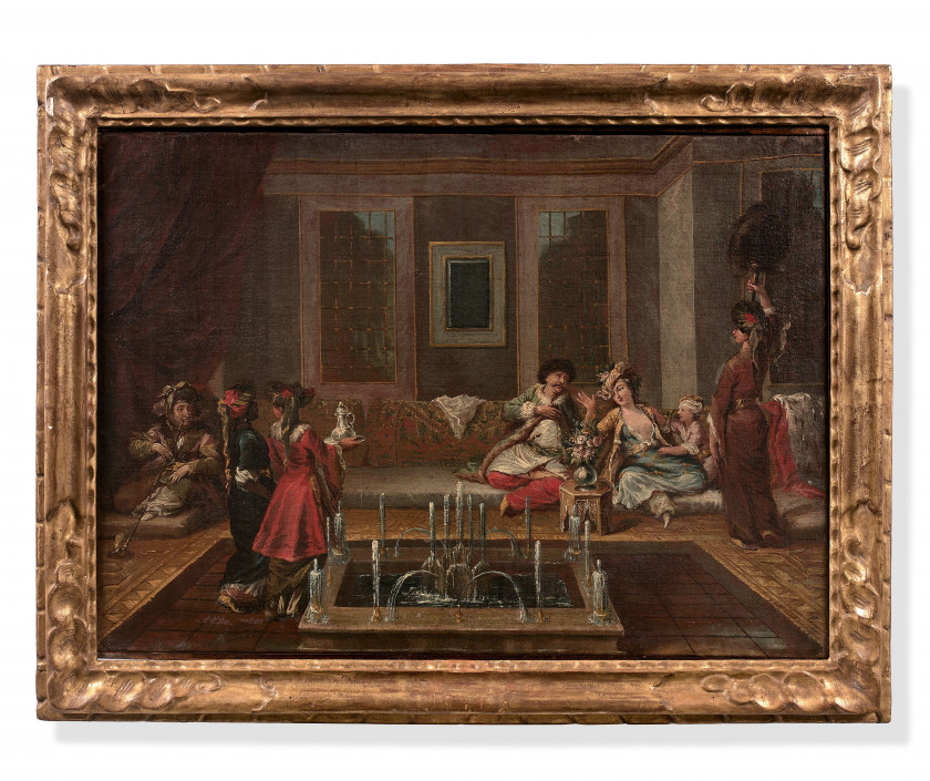 Attribué à Gianantonio GUARDI Vienne, 1699 - Venise, 1760 Scène de harem, d'après Jean-Baptiste Vanmour Huile sur toile
