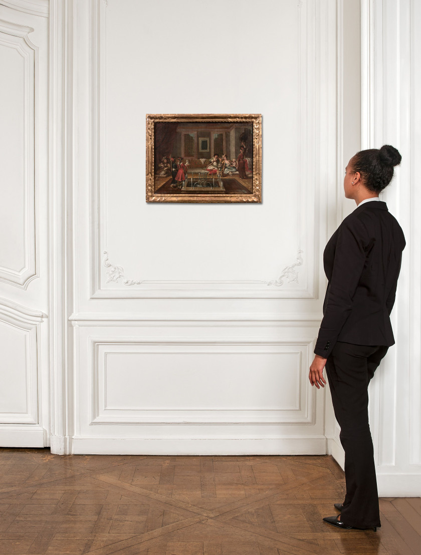 Attribué à Gianantonio GUARDI Vienne, 1699 - Venise, 1760 Scène de harem, d'après Jean-Baptiste Vanmour Huile sur toile
