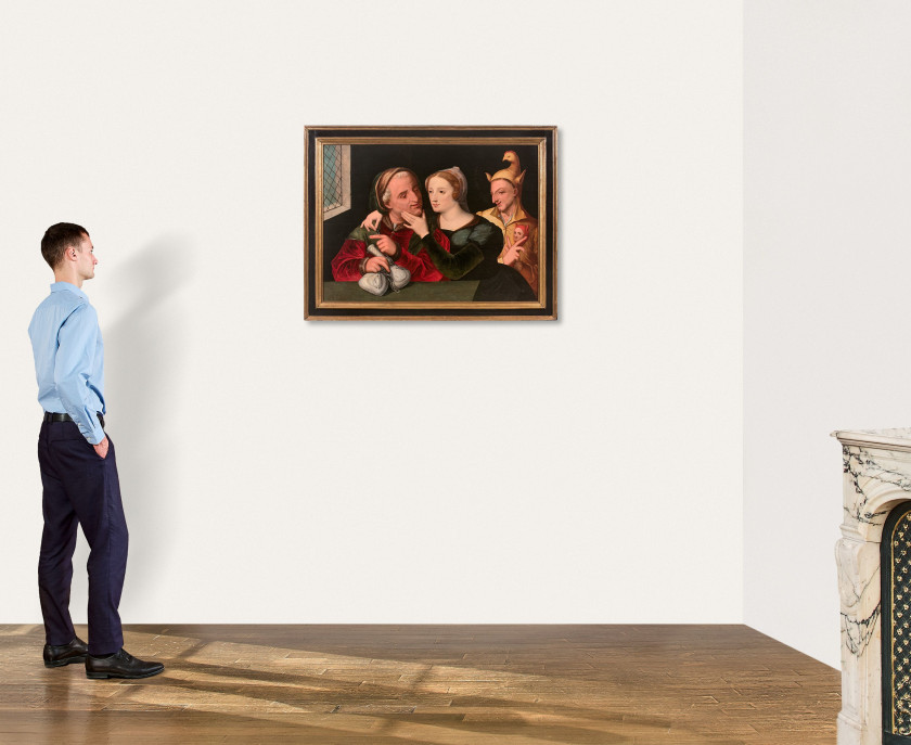 Pays-Bas, XVIe siècle Entourage de Jan Massys L'amour inégal Huile sur panneau de chêne, parqueté