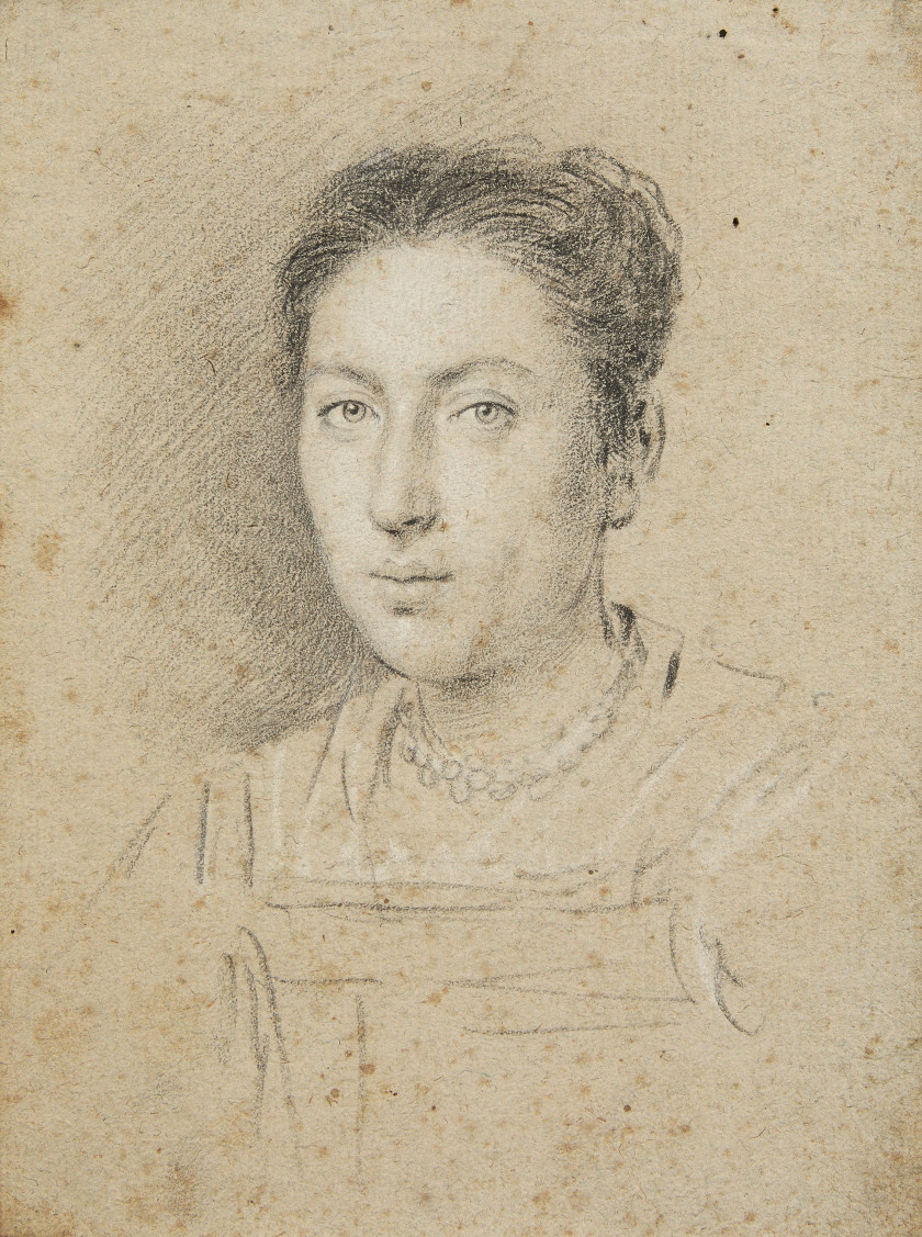 Ottavio LEONI Rome, 1578 - 1630 Portrait de femme au collier de perles Crayon noir et rehauts de craie blanche