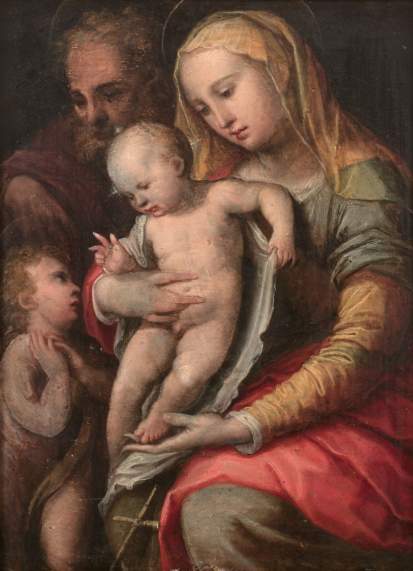 Sienne, première partie du XVIe siècle  La Sainte Famille avec le petit saint Jean-Baptiste Huile sur panneau