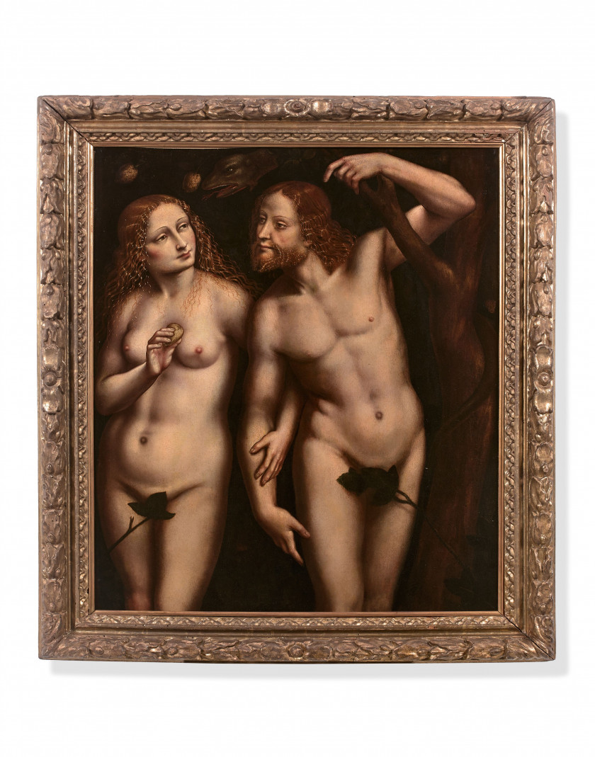 Attribué à Giovan Pietro RIZZOLI, dit GIAMPIETRINO Lombardie, 1495 - 1549 Adam et Eve au jardin d'Eden Huile sur panneau, doublé et...