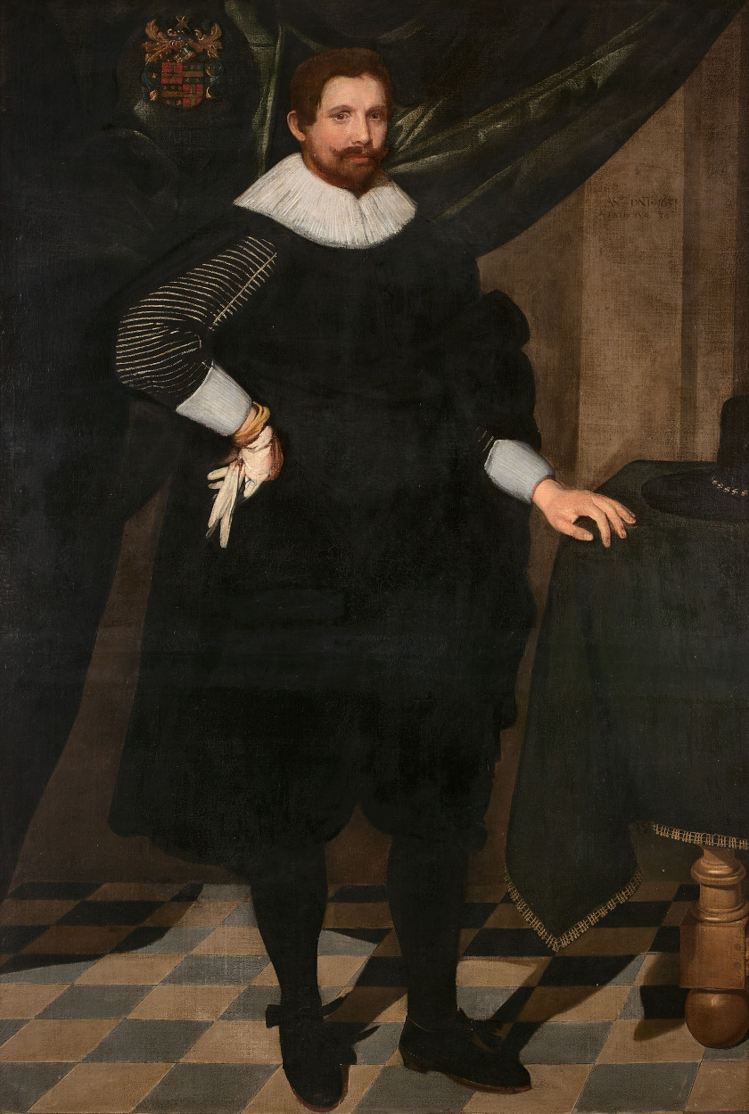 Attribué à Pieter van MOL Anvers,1599 - Paris, 1650 Portrait d'homme en habit noir et Portrait de femme portant une robe rouge brodé..