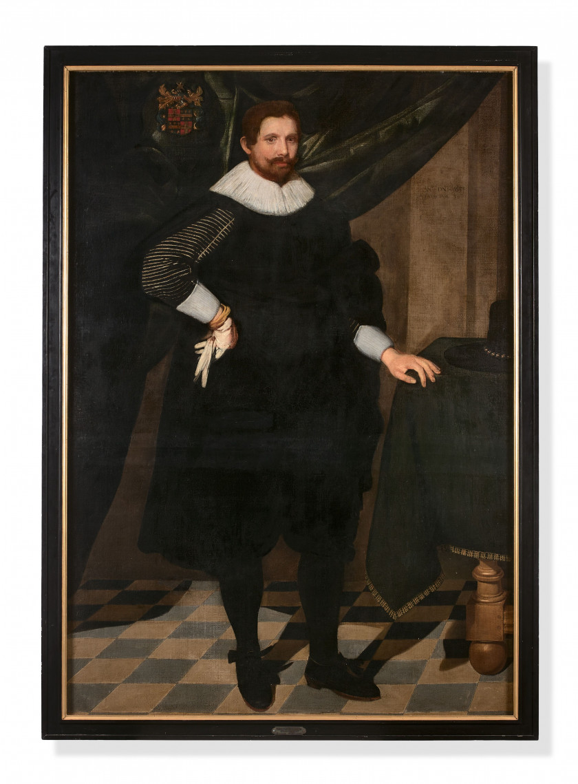 Attribué à Pieter van MOL Anvers,1599 - Paris, 1650 Portrait d'homme en habit noir et Portrait de femme portant une robe rouge brodé..