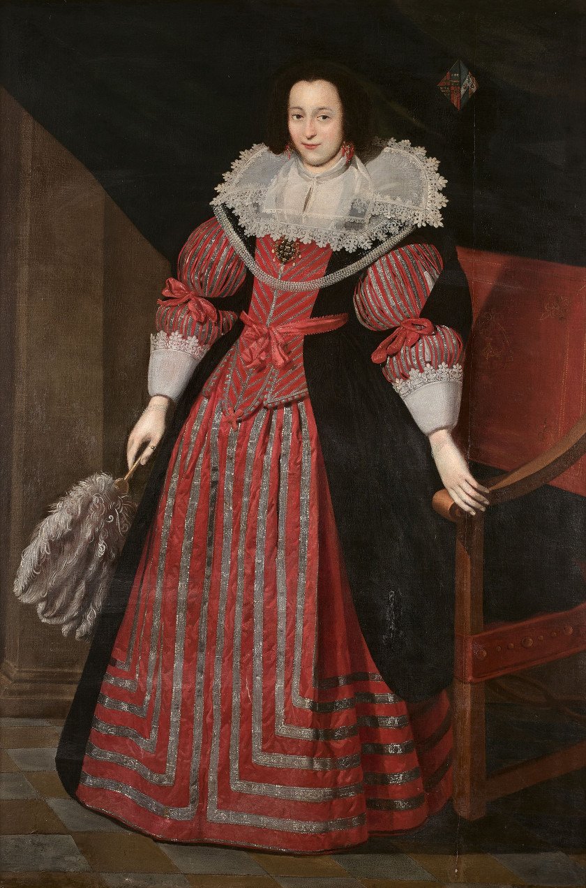 Attribué à Pieter van MOL Anvers,1599 - Paris, 1650 Portrait d'homme en habit noir et Portrait de femme portant une robe rouge brodé..