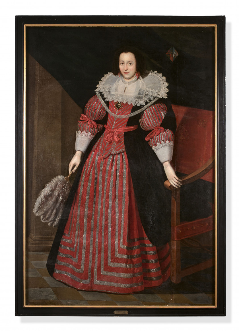 Attribué à Pieter van MOL Anvers,1599 - Paris, 1650 Portrait d'homme en habit noir et Portrait de femme portant une robe rouge brodé..