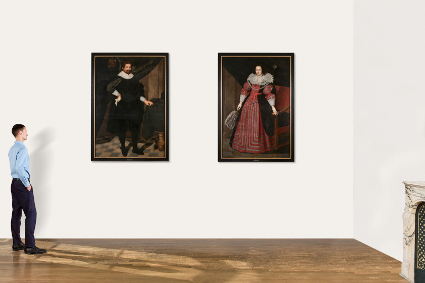 Attribué à Pieter van MOL Anvers,1599 - Paris, 1650 Portrait d'homme en habit noir et Portrait de femme portant une robe rouge brodé..