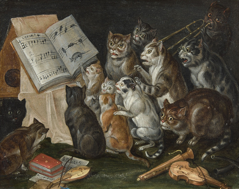 Attribué à Jan van KESSEL Amsterdam, 1641 - 1680 Le Concert des chats Huile sur cuivre