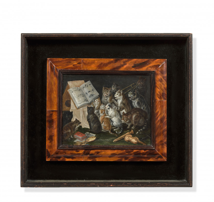 Attribué à Jan van KESSEL Amsterdam, 1641 - 1680 Le Concert des chats Huile sur cuivre