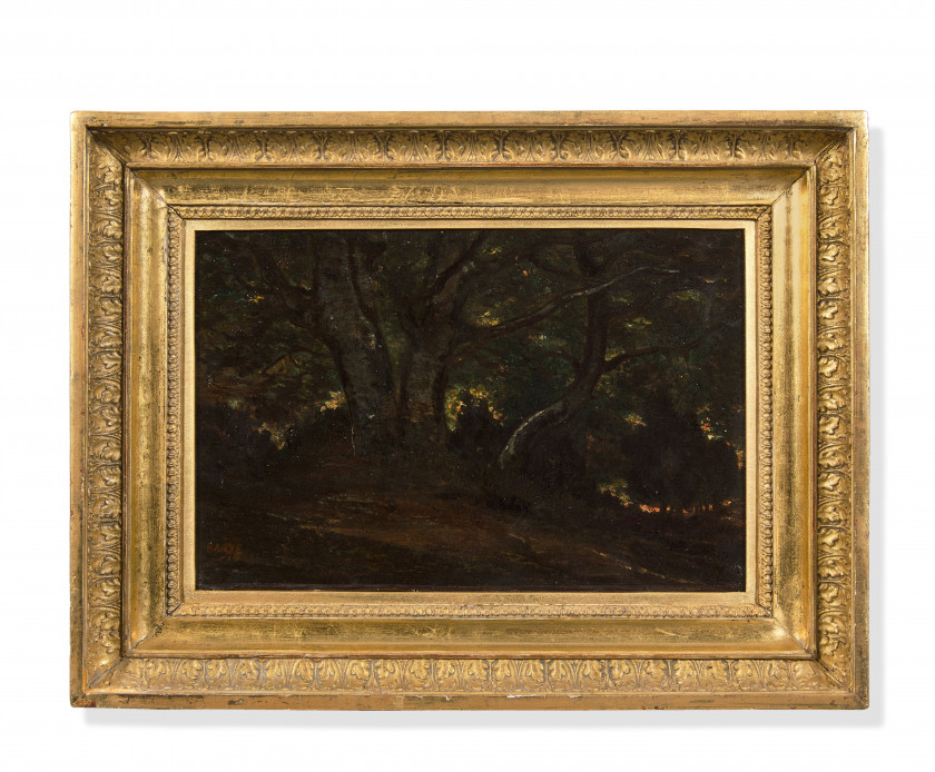 Antoine-Louis BARYE Paris, 1795 - 1875 Intérieur de la forêt de Fontainebleau Huile sur papier marouflé sur toile