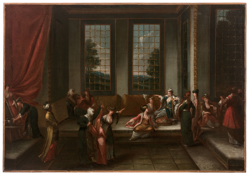 Jean-Baptiste VANMOUR Valenciennes, 1671 - Constantinople, 1737 Nouvelle arrivée au harem Huile sur toile