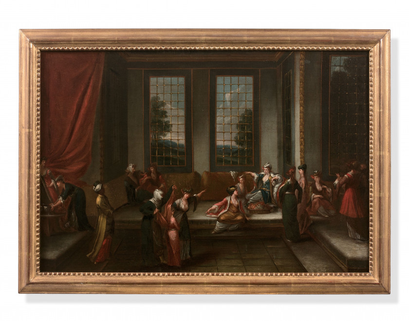 Jean-Baptiste VANMOUR Valenciennes, 1671 - Constantinople, 1737 Nouvelle arrivée au harem Huile sur toile
