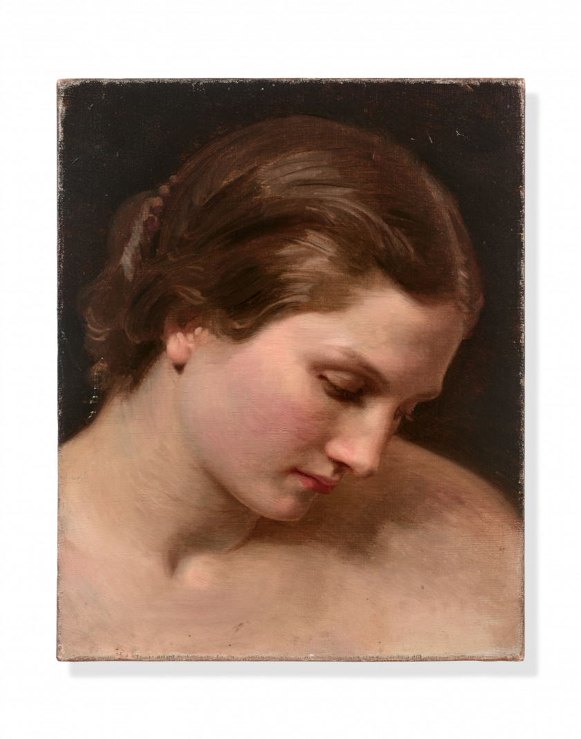 William BOUGUEREAU La Rochelle, 1825 - 1905 Visage de femme de profil, étude présumée pour 'La première discorde' Huile sur toile (T.