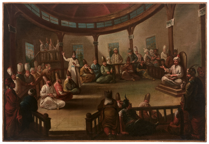 Atelier de Jean-Baptiste VANMOUR Valenciennes, 1671 - Constantinople, 1737 Derviches dans leur temple de Péra Huile sur toile