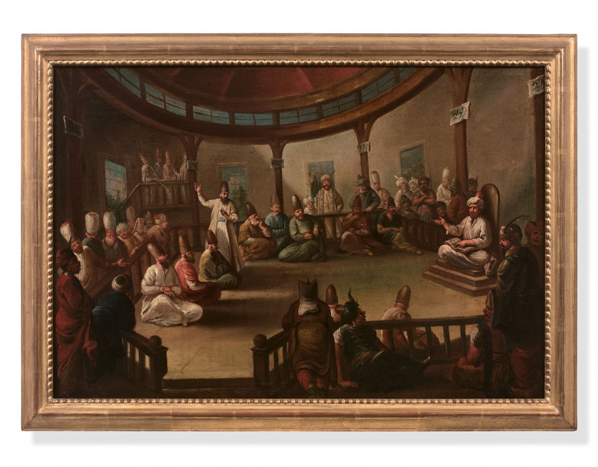 Atelier de Jean-Baptiste VANMOUR Valenciennes, 1671 - Constantinople, 1737 Derviches dans leur temple de Péra Huile sur toile