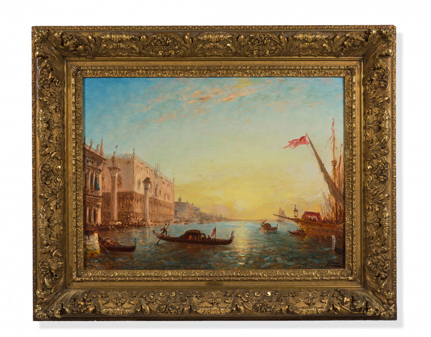 Félix ZIEM Beaune, 1821 - Paris, 1911 Soleil levant devant la Piazzetta et le palais des Doges, Venise Huile sur toile