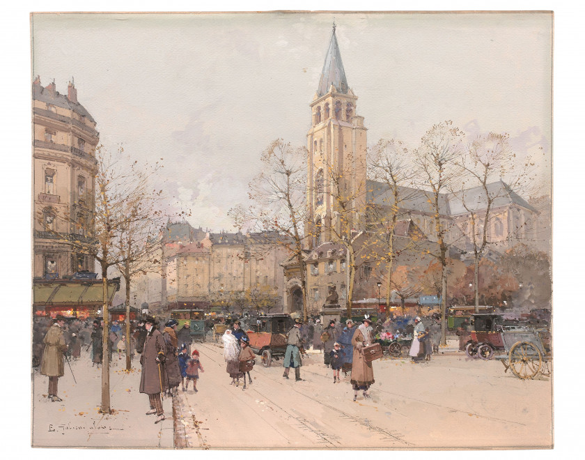 Eugène GALIEN-LALOUE Paris, 1854 - Chérence, 1941 Vue des boulevards à Saint-Germain-des-Prés Gouache sur trait de crayon noir