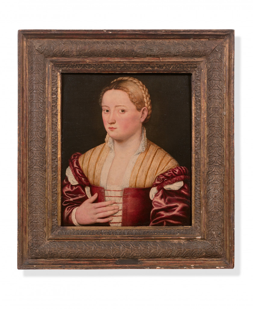 Bernardino LICINIO Venise, 1489 - 1565 Portrait d'une belle Vénitienne Huile sur panneau de bois tendre, parqueté
