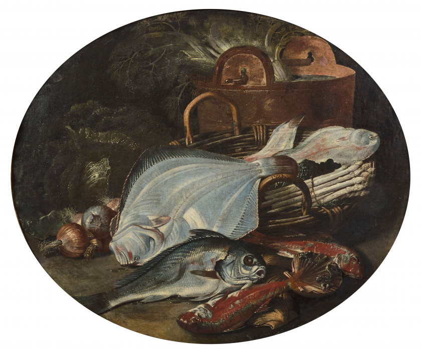 Jacob van der KERCKHOVEN, dit Giacomo da Castello Anvers, vers 1637 - Venise, après 1712 Composition au lièvre, oiseaux et panier de...