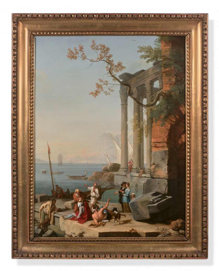 Adrien MANGLARD Lyon, 1695 - Rome, 1760 Rivage méditerranéen animé de marchands Huile sur toile