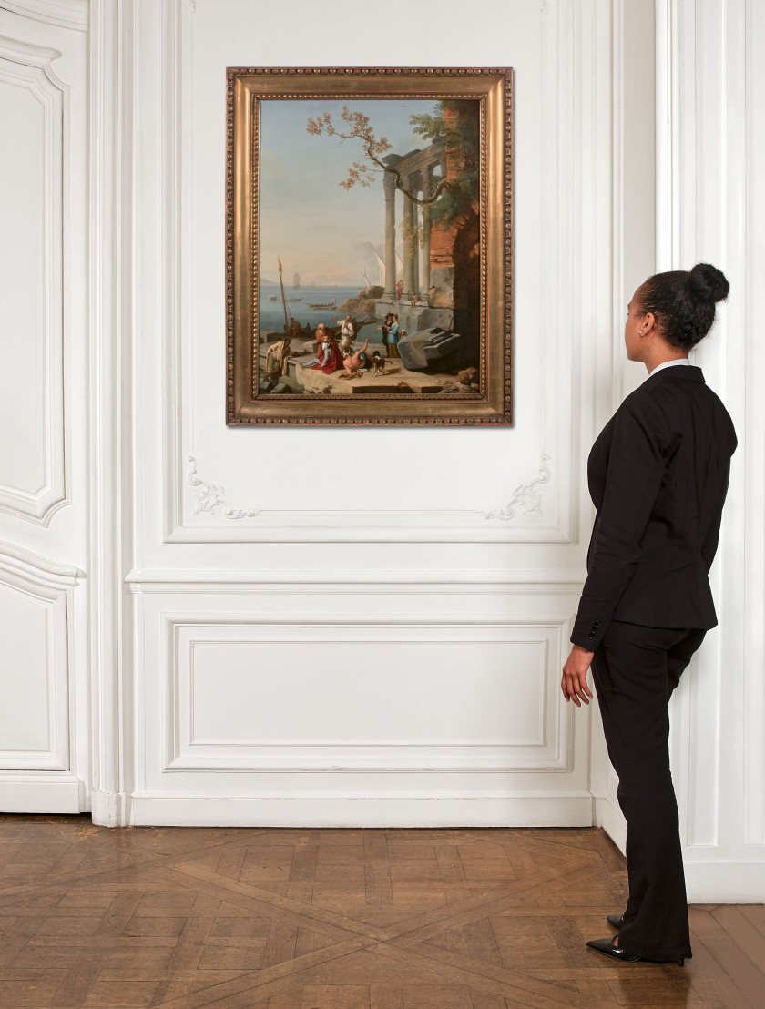 Adrien MANGLARD Lyon, 1695 - Rome, 1760 Rivage méditerranéen animé de marchands Huile sur toile