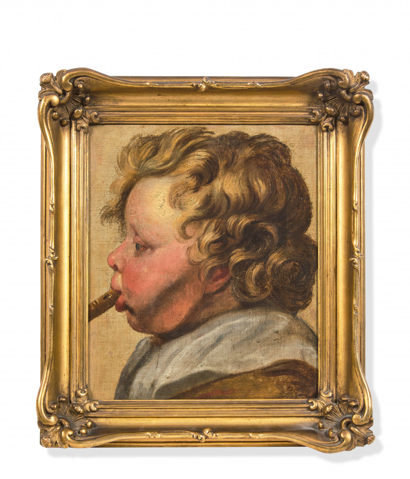 Attribué à Jacob JORDAENS Anvers, 1593 - 1678 Jeune joueur de flûte, étude pour 'L'Adoration des bergers' Huile sur papier marouflé.