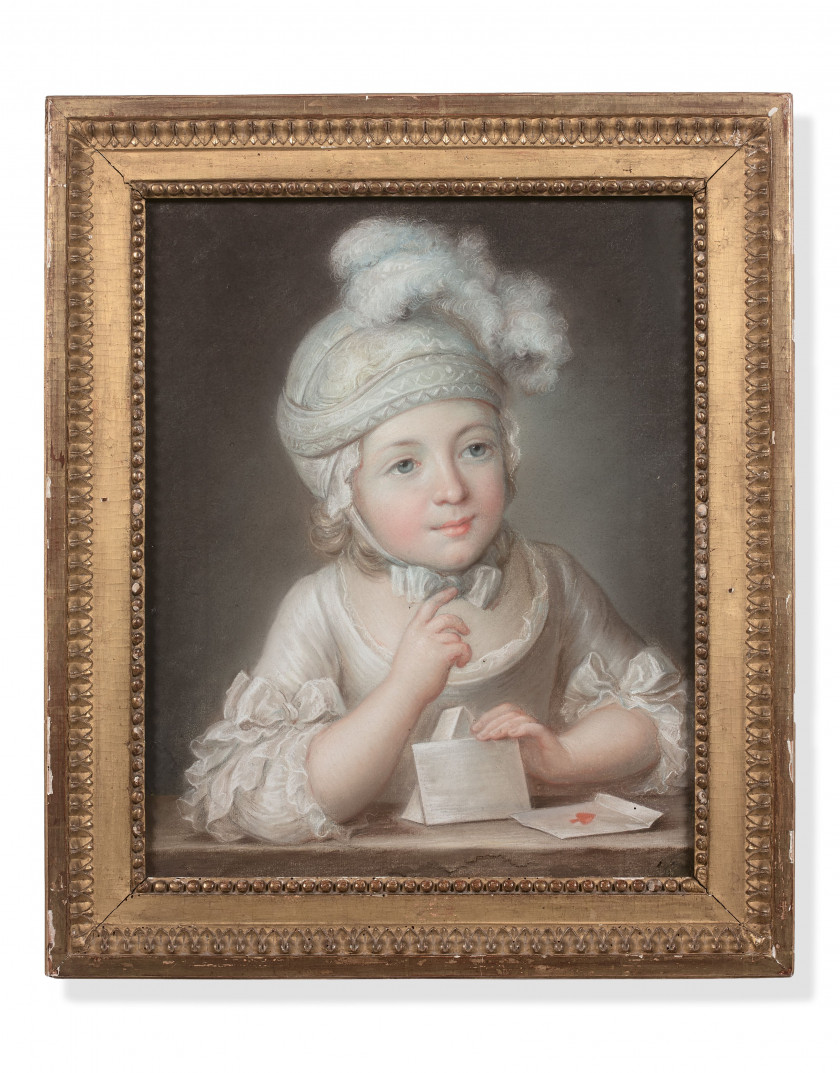 Jean-Martial FRÉDOU Fontenay-Saint-Père,1710 - Versailles, 1795 Portrait d'enfant au château de cartes Pastel