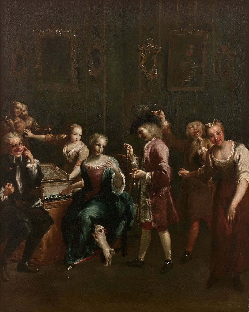 Giuseppe Maria CRESPI, dit Lo Spagnolo Bologne, 1665 - 1747 La joueuse de pianoforte et ses admirateurs Huile sur toile