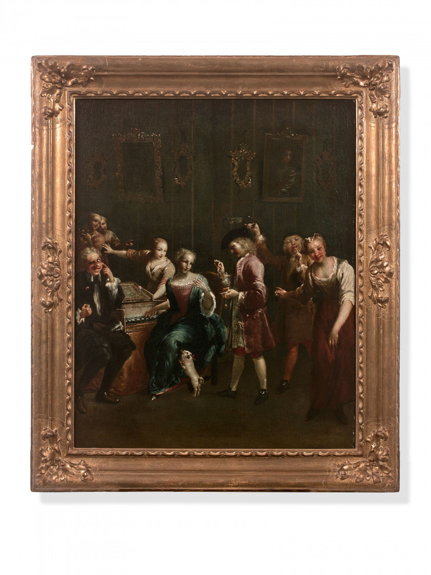 Giuseppe Maria CRESPI, dit Lo Spagnolo Bologne, 1665 - 1747 La joueuse de pianoforte et ses admirateurs Huile sur toile