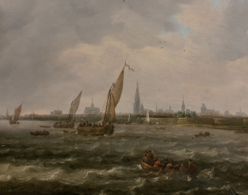 Ecole hollandaise de la seconde partie du XVIIe siècle  Voiliers sur l'Escaut, avec la ville d'Anvers à l'arrière-plan Huile sur toi