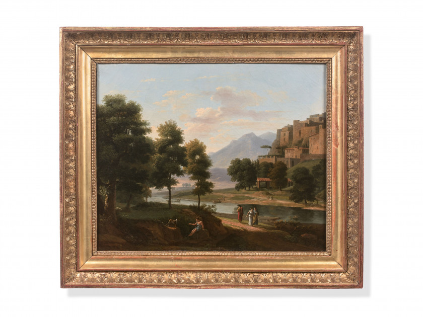 Jean-Victor BERTIN Paris, 1767 - 1842 Paysage d'Arcadie animé de personnages Huile sur toile (Toile et châssis d'origine)