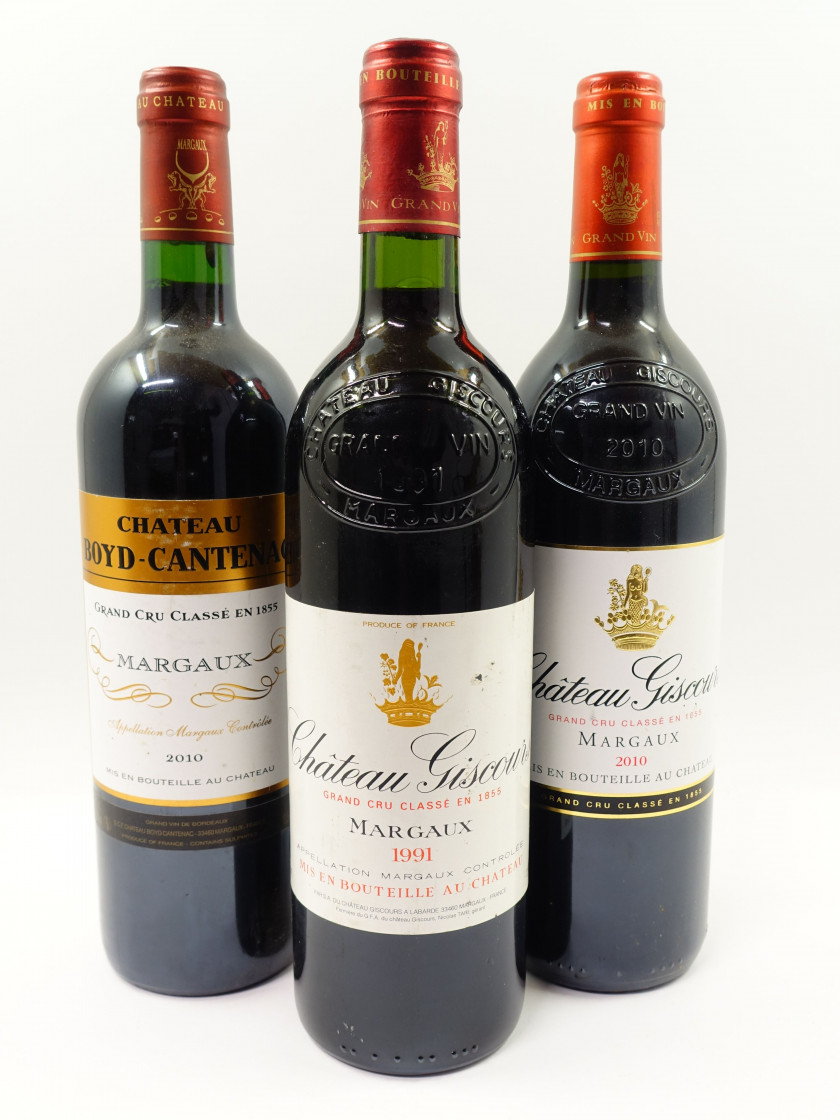 6 bouteilles 2 bts : CHÂTEAU GISCOURS 1991 3è GC Margaux (étiquettes léger abimées)