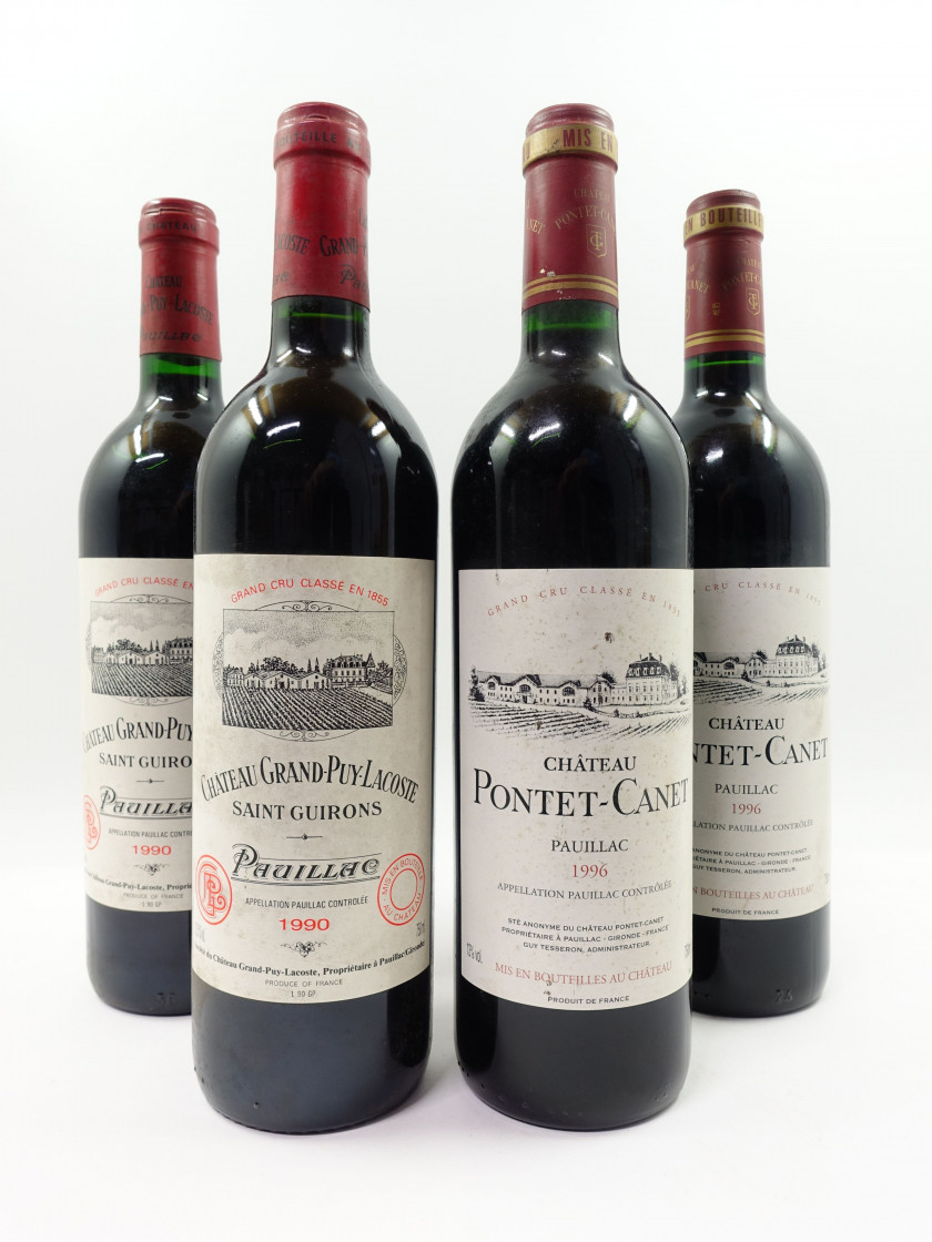 4 bouteilles 2 bts : CHÂTEAU GRAND PUY LACOSTE 1990 5è GC Pauillac (étiquettes fanées, léger tachées)