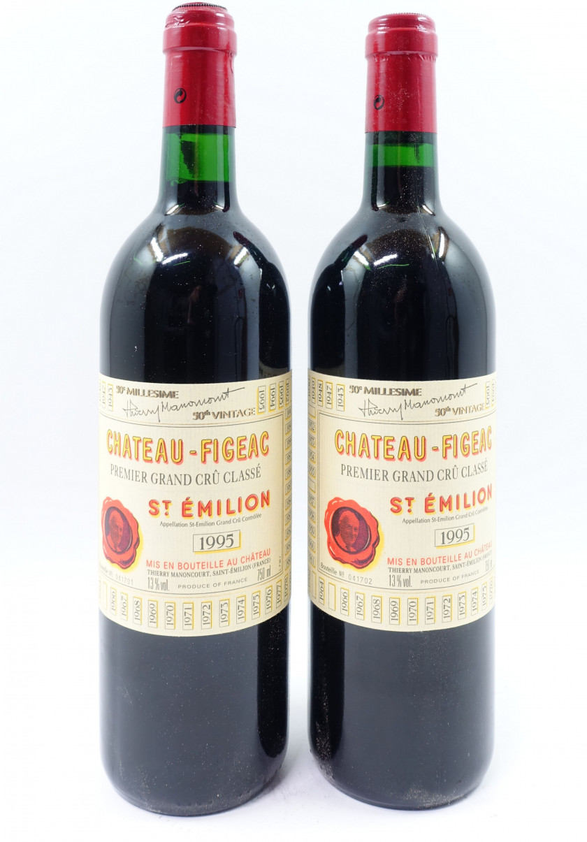 12 bouteilles CHÂTEAU FIGEAC 1995 1er GCC (B) Saint Emilion (1 bouchon léger poussé) Caisse bois d'origine (abimée)