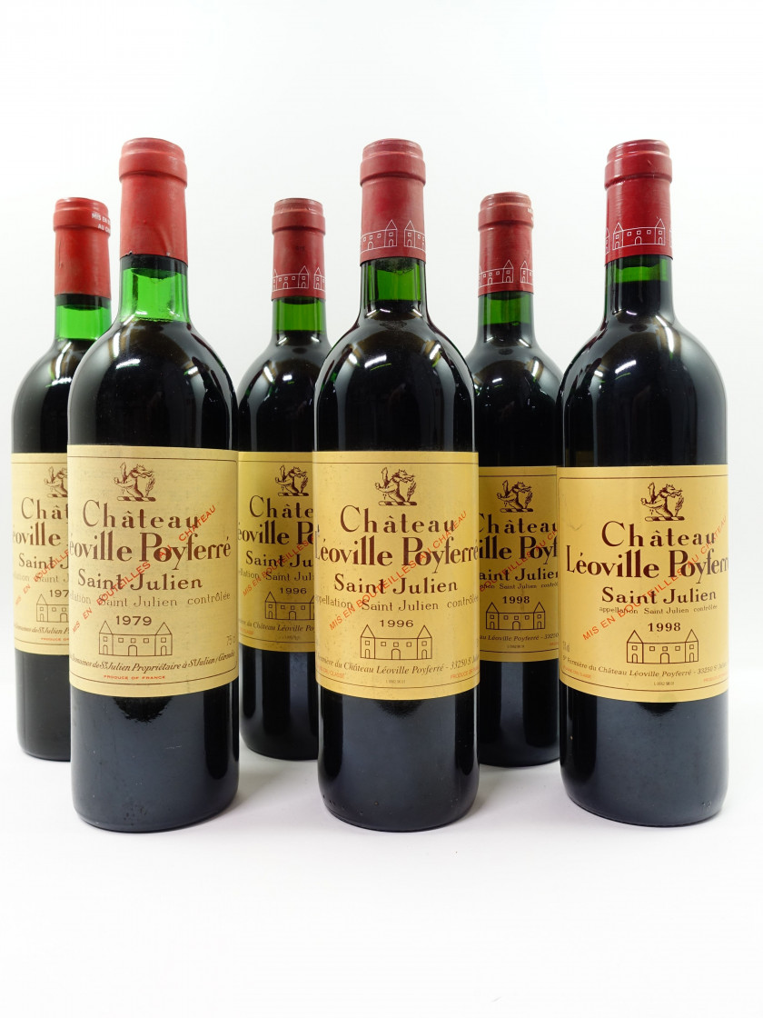 6 bouteilles 2 bts : CHÂTEAU LEOVILLE POYFERRE 1979 2è GC Saint Julien (légèrement bas, étiquettes léger tachées)