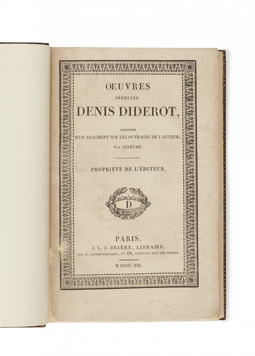 DIDEROT (Denis) Œuvres inédites. Le Neveu de Rameau. Voyage de Hollande. Paris, J. L. L. Brière, 1821.