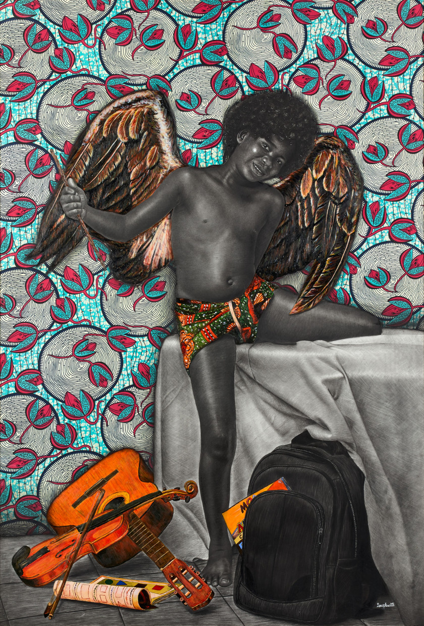 Olamilekan ABATAN Né en 1997 - Nigéria Amor vincit omnia, 2021 Acrylique, pastel, fusain et collage de tissu wax sur papier