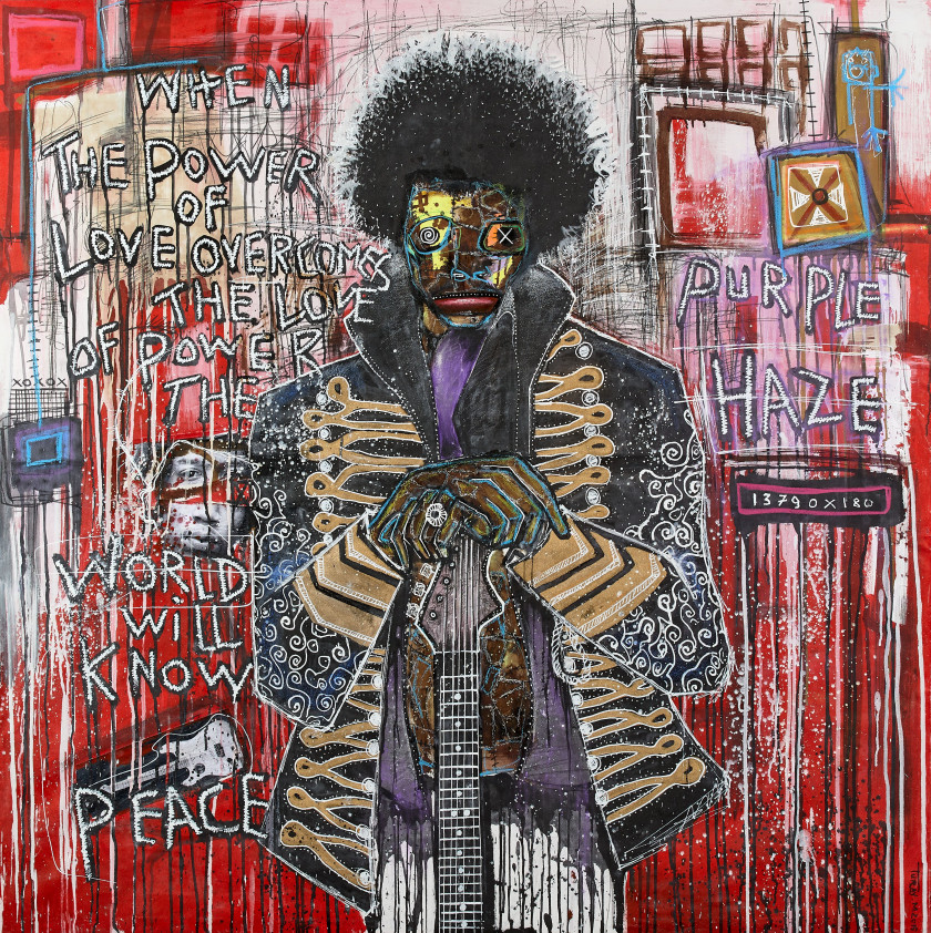 Médéric TURAY Né en 1979 - Côte d'Ivoire Purple Haze, 2015 Technique mixte et collages sur toile