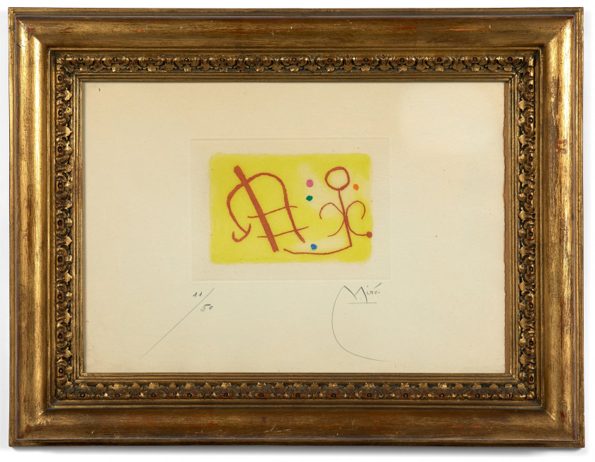 Joan MIRÓ (1893 - 1983) Fusées – 1959 - planche 5 Eau-forte et aquatinte en couleurs sur fond jaune, imprimée sur Vélin